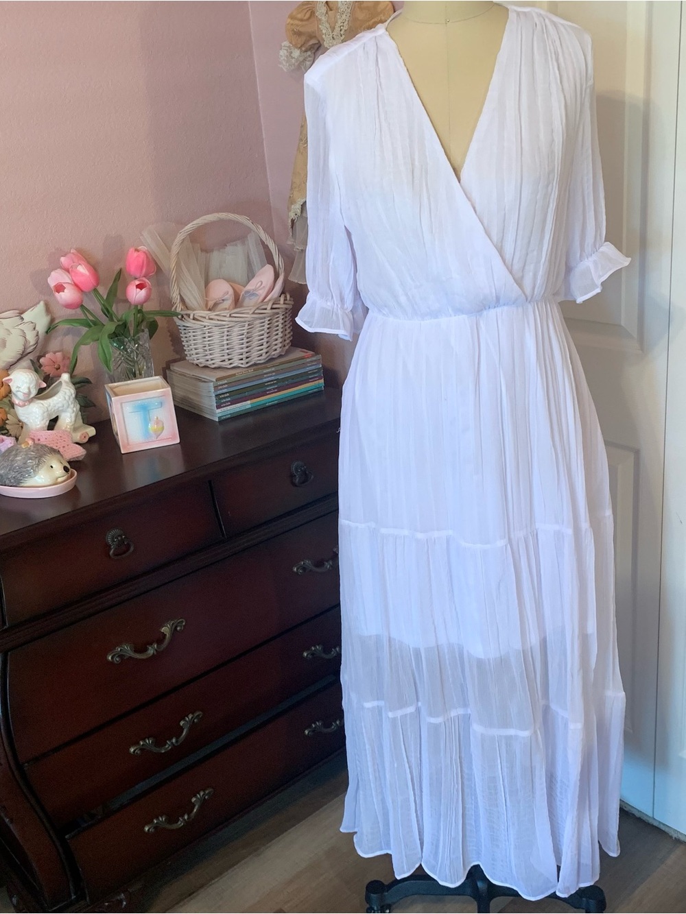 BELLA ELLA White Tiered Sheer Wrap Maxi Dress - Elegant Women's Summer Dress